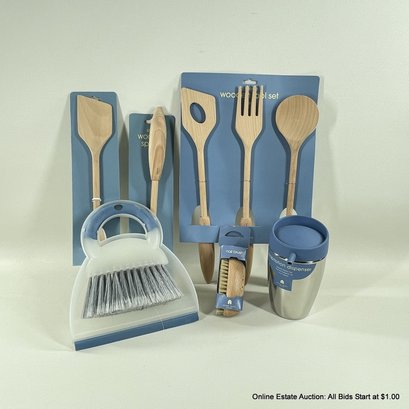Michael Graves Kitchenware New In Package Wood Spoons, Nail Brush, Soap Dispenser, Dust Pan