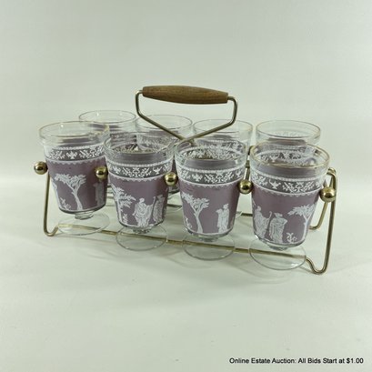 Jeannette Hellenic Purple Iced Tea Drinking Glasses With Carrying Caddy
