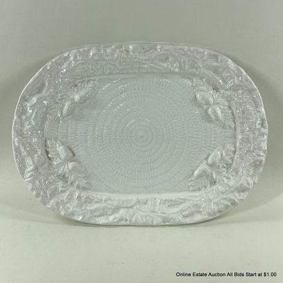 White Glazed Ceramic Platter With Acorn Design Made In Portugal