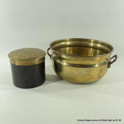 Vintage Morny Dusting Powder Tin And A Handled Brass Bowl