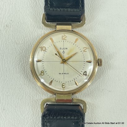 Vintage Elgin 10 Karat Gold Watch With Leather Band