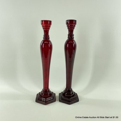 Pair Of Red Glass Candle Sticks
