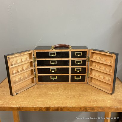 Vintage Wooden Sewing Kit Cabinet With Brass Latches And A Leather Handle (LOCAL PICK UP ONLY)