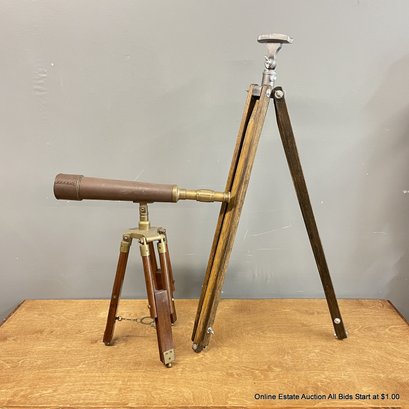 Two Wood Telescope Tripods, One With Leather Wrapped And Brass Telescope (LOCAL PICK UP ONLY)