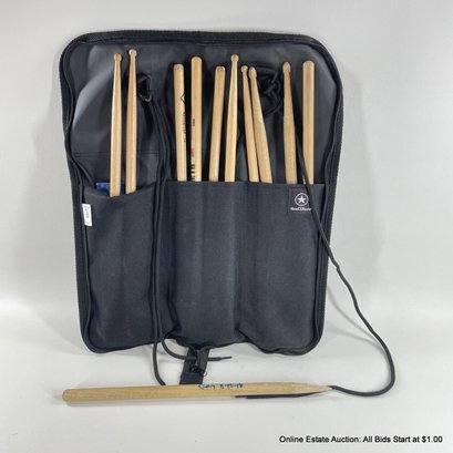 Collection Of 10 Drumsticks In Road Runner Drum Stick Bag One Signed Broken Stick From 1976
