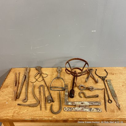 Assorted Lot Of Vintage Hand Tools, Hinges, And Such