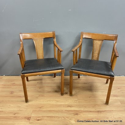 Pair Of Mid Century Modern Side Chairs W/ Wicker Detail And Faux Leather Cushioned Seats (LOCAL PICK UP ONLY)