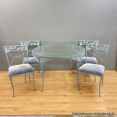 Painted Aluminum Table With Glass Top And 4 Matching Upholstered Chairs (LOCAL PICK UP ONLY)