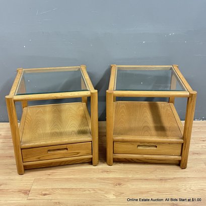 Pair Of Vintage Thomasville End Tables With Beveled Glass Tops And Drawer (LOCAL PICK UP ONLY)