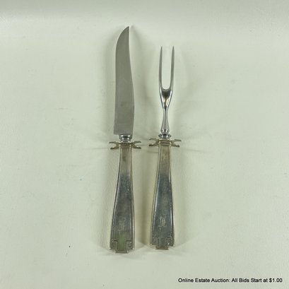 Vintage Monogrammed Stainless Steel Meat Carving Knife And Fork Set