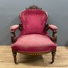 Antique Upholstered Ornate Chair In Raspberry Pink Velvet With Castors On Front Legs (Local Pick-Up Only)