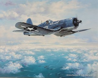 H.K. (John) Kang 1990 Oil On Canvas Vought F4U Corsair Airplane Painting