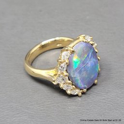18K Yellow Gold Diamond & Opal Ring Gilbert Thomes Size 6
