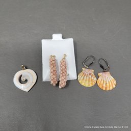 Shell Pendant And Two Pairs Of Pierced Earrings
