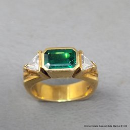 18K Yellow Gold Emerald And Diamond Ring Size 6 Weighs 11 Grams