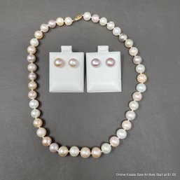 Multi Color Pearl Necklace And Two Pairs Of Pierced Post Earrings