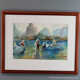 Earl Lasher Fishing On The Missouri River Watercolor On Paper Painting  (Local Pick Up Or UPS Store Ship Only)