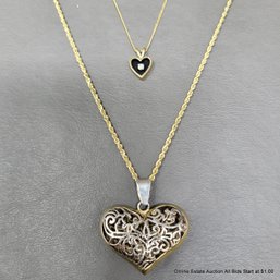 14K Yellow Gold Twisted Rope Chain & Silver Filigree Heart Pendant & 14K Yellow Gold & Diamond Heart Necklace