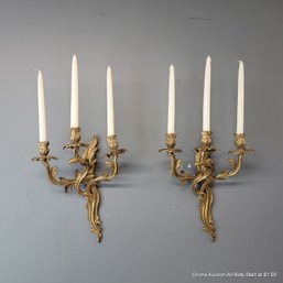Pair Of Antique Gilded Bronze 3 Candle Sconces