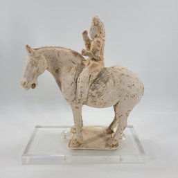 Tang Dynasty Form Terracotta Horse With Areas Of Original Paint On Acrylic Base