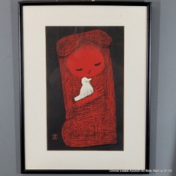 Kaoru Kawano Wood Block Print Titled Girl And Dove