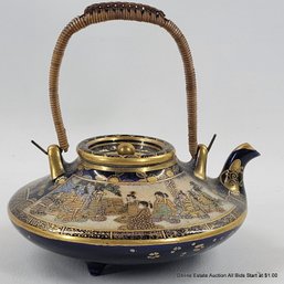 Japanese Satsuma Porcelain & Wicker Teapot With Shimazu Crest