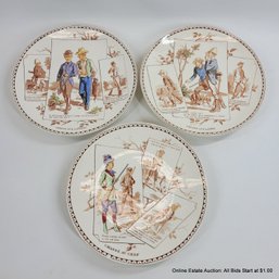 3 Sarreguemines French Humorous Hunting Scene Plates Circa 1895