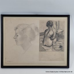 2 Pencil Drawings By Seattle Artist R. W. Frost Female Studies