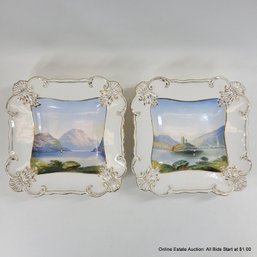 Pair Of English Creamware Dessert Dishes With Enamel Landscapes