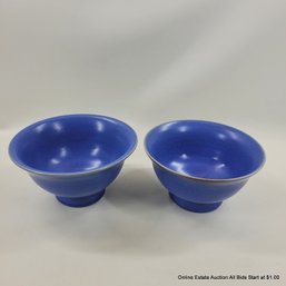 2 Blue Glazed Stoneware Bowls One Signed