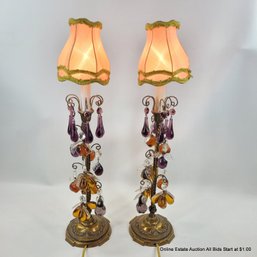 Pair Of Italian-Style Candlestick Lamps With Glass Fruit & Teardrop Accents