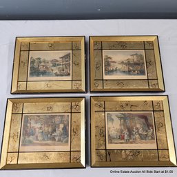 4 Vintage Chinese Engraving In Gold Leaf Frames