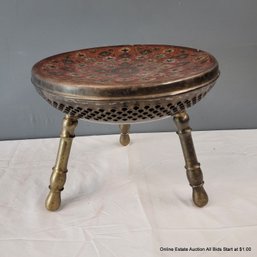 Indian Brass Enamel Stool With Pierced Base