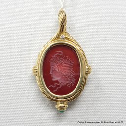 18K Yellow Gold Carnelian Agate Intaglio Pendant 58 Grams