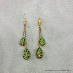 18K Yellow Gold Pave Tsavorite And Diamonds Drop Earrings 10.10 Grams