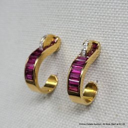 Charles Krypell 18K Yellow Gold Ruby & Diamond Scroll Earrings 13.54 Grams