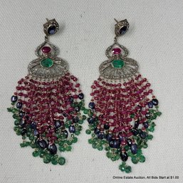 Silver, Gold, Emerald, Ruby, Sapphire And Diamond Chandelier Earrings 42 Grams