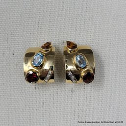 14K Yellow Gold Topaz Garnet Citrine & Diamond Earrings 12.52 Grams