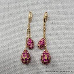 18K Yellow Gold Pave Ruby & Diamonds Drop Earrings 9.69 Grams