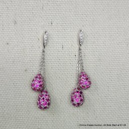 18K White Gold Pave Pink Sapphire & Diamonds Drop Earrings 8.54 Grams