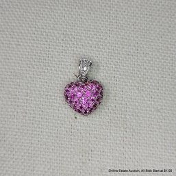 18K White Gold Pink Sapphire & Diamond Pave Heart Pendant 3.30 Grams