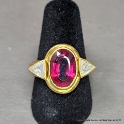 18k Yellow Gold Rubellite & Diamond Ring 7.05 Grams