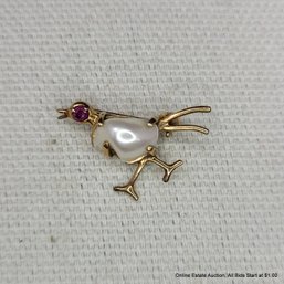 10k Yellow Gold & Baroque Pearl Bird Brooch 1.44 Grams