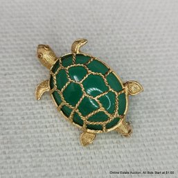 14K Yellow Gold & Chrysoprase Turtle  Brooch 4.67 Grams