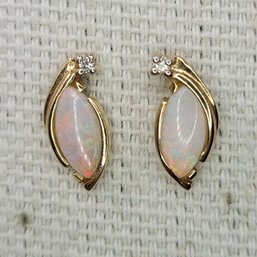 Pair Of 14K Yellow Gold Diamond & Opal Earrings Total Weight 1 Gram