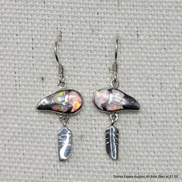 Pair Of Sterling Silver & Opal Bear & Feather Earrings Total Weight 4.16 Grams