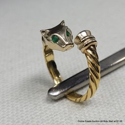 18K Yellow & White Gold Panther Ring With 2mm Emerald Eyes Size 5 Total Weight 7 Grams