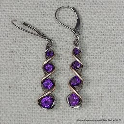 Pair Of 14k & Sterling Silver Amethyst Pierced Earrings Total Weight 3.93 Grams