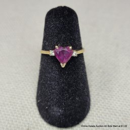 14K Yellow Gold Diamond & Amethyst Heart Ring Size 4 Total Weight 1.26 Grams