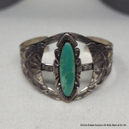 Sterling Silver Southwest Bell Sterling With Green Stone Bracelet Cuff Total Weight 25 Grams